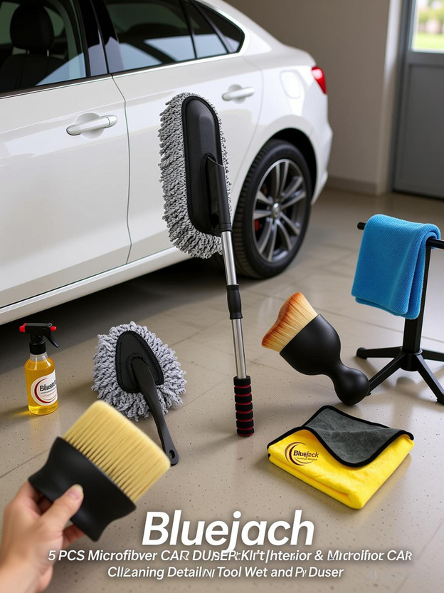 Bluejack 5 PCS Microfiber Car Duster Kit|Interior & Exterior Car Cleaning Detailing Tool Wet and Dry Duster