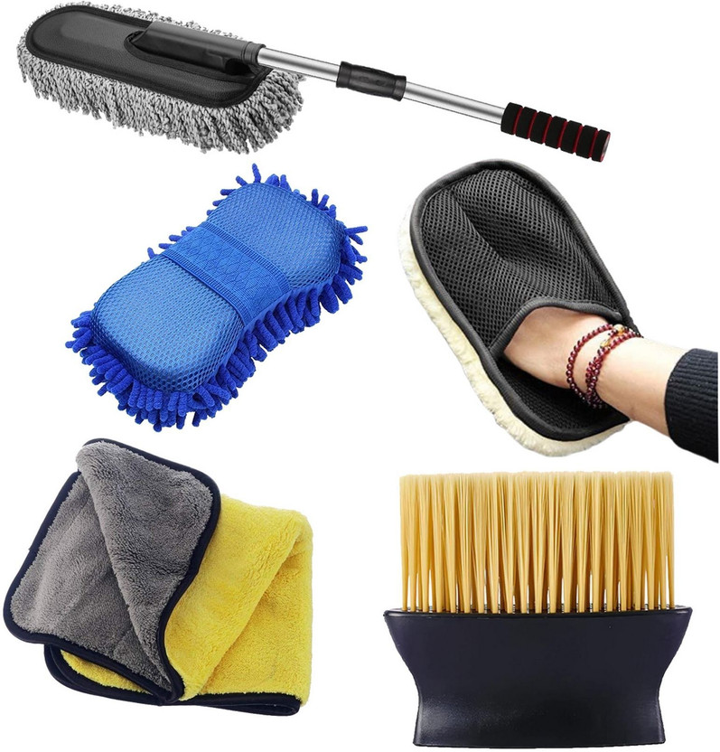 ORIDOR Car Cleaning Kit Combo with Microfiber Duster Glove Brush and Cloth Wet and Dry Duster Set(Pack of 5)