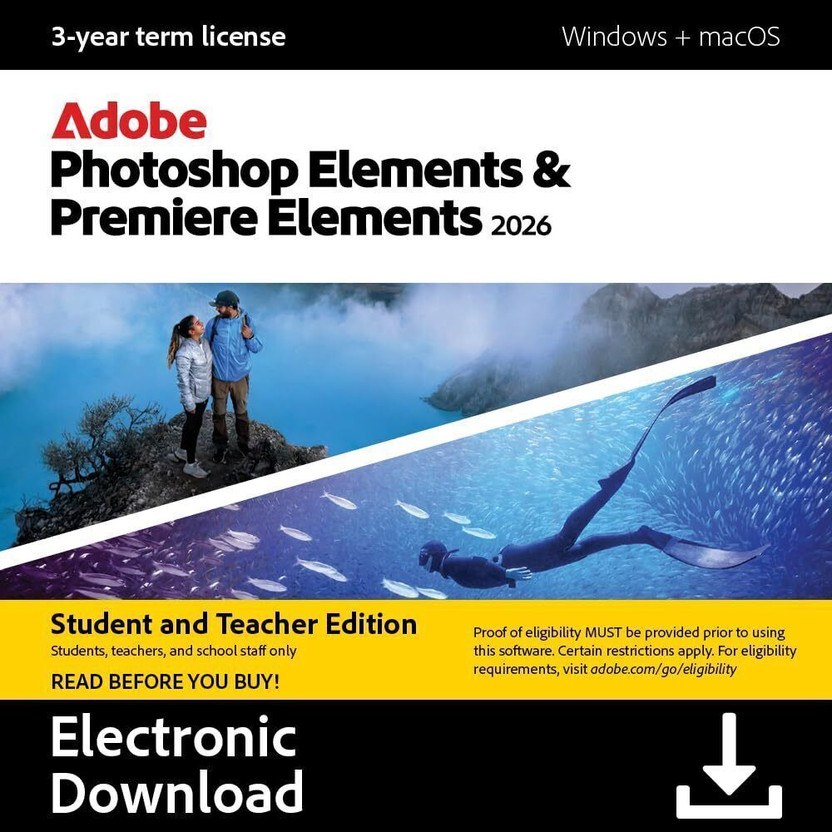 Adobe Photoshop & Premiere Elements 2026 Student & Teacher | 3 year Digital Gift Card