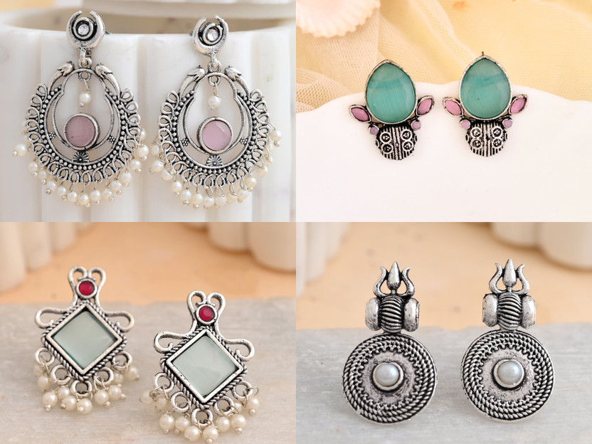 DASTOOR Combo of 4 Oxidised Silver Designer Jhumka, Stud & Drop Alloy Jhumki Earring