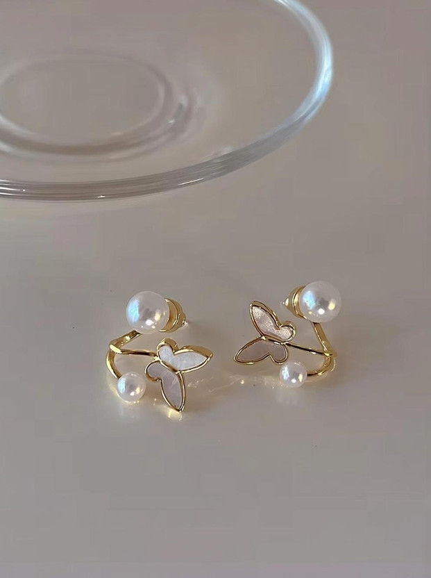 Tiso White Butterfly Cuff Earrings for Girls Gold Plated Pearl Earings for Women Crystal, Cubic Zirconia, Pearl Alloy, Brass, Stone Drops & Danglers, Earring Set, Hoop Earring, Rhinestone Studs, Stud Earring