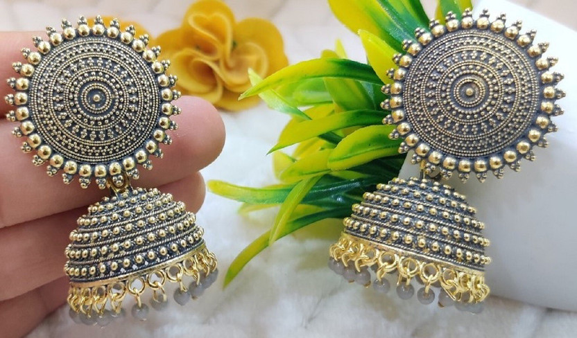 DECOLOGY Beautiful & Attractive Big Kundan Jhumka earrings for Girls and Women. (Grey Color) Brass Jhumki Earring