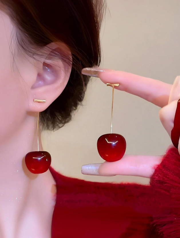 DECENT DYNAMICS Cute Fruit Cherry Drop Korean Earrings Pair Cubic Zirconia Alloy Drops & Danglers