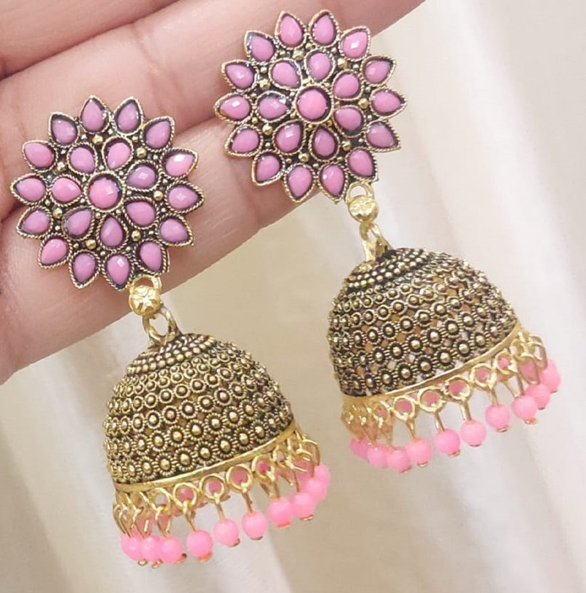 TANLOOMS Latest Collection Sunflower Gold Jhumka earrings for Girls and Woman.(Pink Color) Brass Jhumki Earring