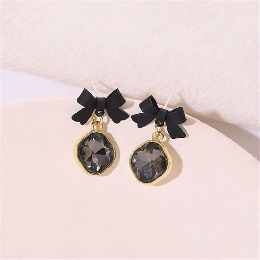 Tiso Small Cute Black Bow With Crystal Drop Gold Plated Ear rings for Girls and Women Crystal, Cubic Zirconia, Pearl Alloy, Brass, Stone Drops & Danglers, Earring Set, Hoop Earring, Rhinestone Studs, Stud Earring