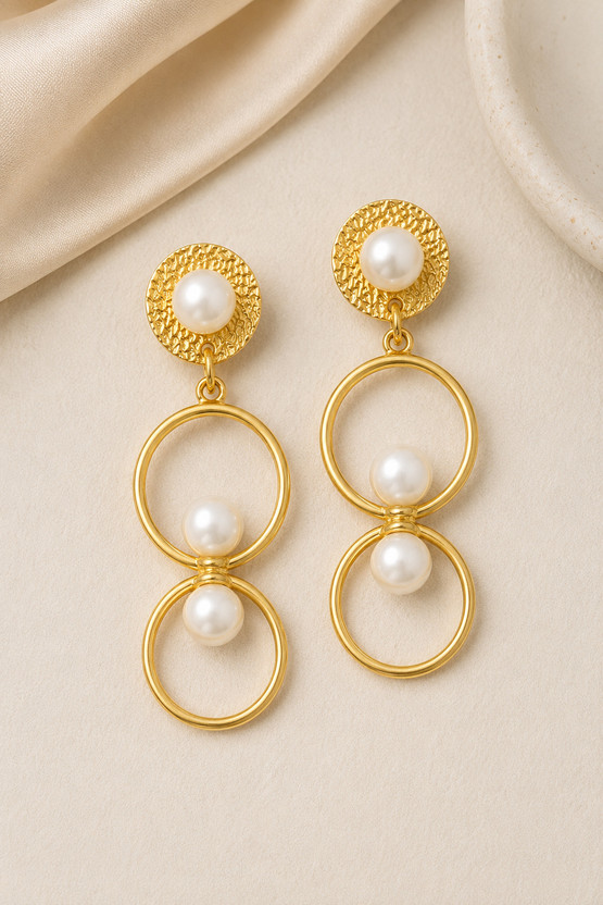 DASTOOR Gold Plated Double Hoop Pearl Drop Earrings Contemporary Fashion Jewelry Brass Jhumki Earring, Drops & Danglers