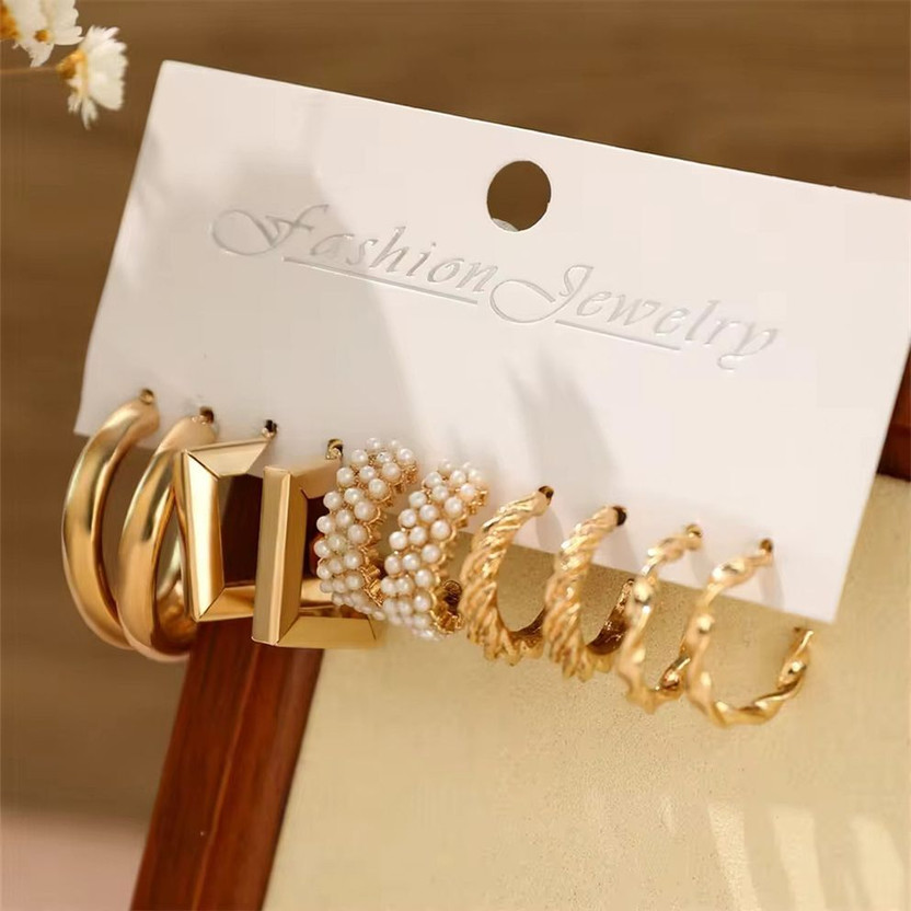 Vembley Combo of 5 Pair Geometric Twisted Pearl Earring for females Pearl Alloy Hoop Earring