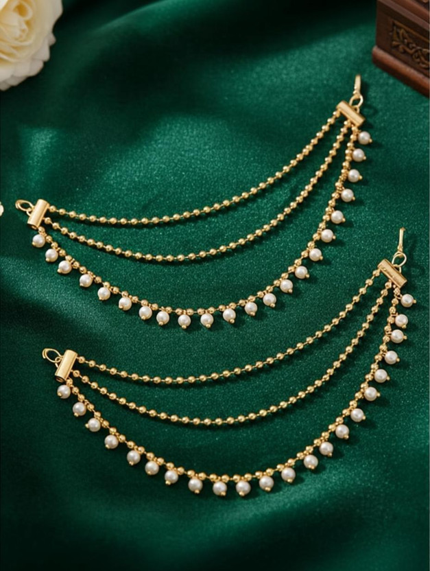 Abha Collection 3 Layer Earrings Chain with Pearl for Women Pearl Metal Drops & Danglers
