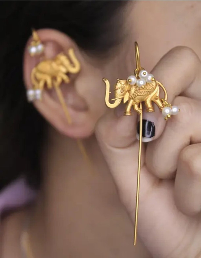 ARTIKA Royal Elephant Design Gold-Plated Pearl Ear Cuff Brass Cuff Earring