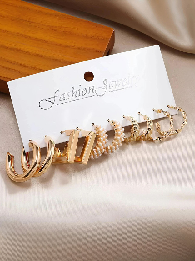 Karishma Kreations Combo of 5 Pair Pearl Geometric Twisted s Beads, Pearl Alloy Earring Set, Hoop Earring, Huggie Earring, Drops & Danglers, Stud Earring