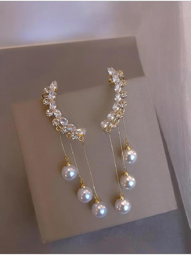 Aylana Pearl & Rhinestone Cuff Drop Earrings Alloy Cuff Earring