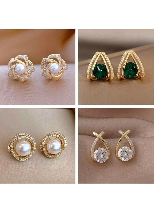 Kradhika Pack of 4 Stylish Gold Stone Pearl Stud Tops Earrings Women Girls Light weight Crystal, Cubic Zirconia, Pearl Alloy, Brass, Stone Drops & Danglers, Earring Set, Hoop Earring, Rhinestone Studs, Stud Earring