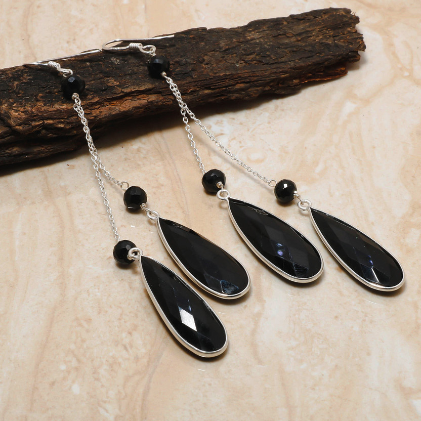 Silver Aura Creations Natural Black Tourmaline Gemstone Earrings, Dangle & Drop Earrings Tourmaline Silver Clip-on Earring