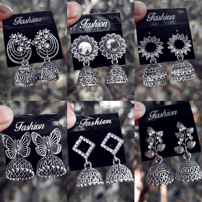 JV JV CREATION Trendy Silver Jhumki Earrings ( Pack Of 6 ) Latest Oxidised Jhumka Earrings Cubic Zirconia Alloy Chandbali Earring, Drops & Danglers, Jhumki Earring, Stud Earring - Flipkart Deal
