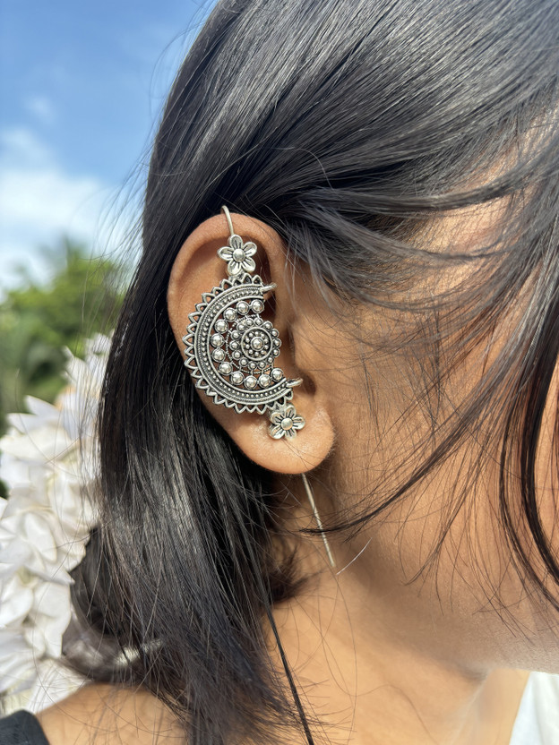SUZEN Oxidised Silver Crescent Moon Bugadi Ear Cuff for Women & Girls German Silver Cuff Earring