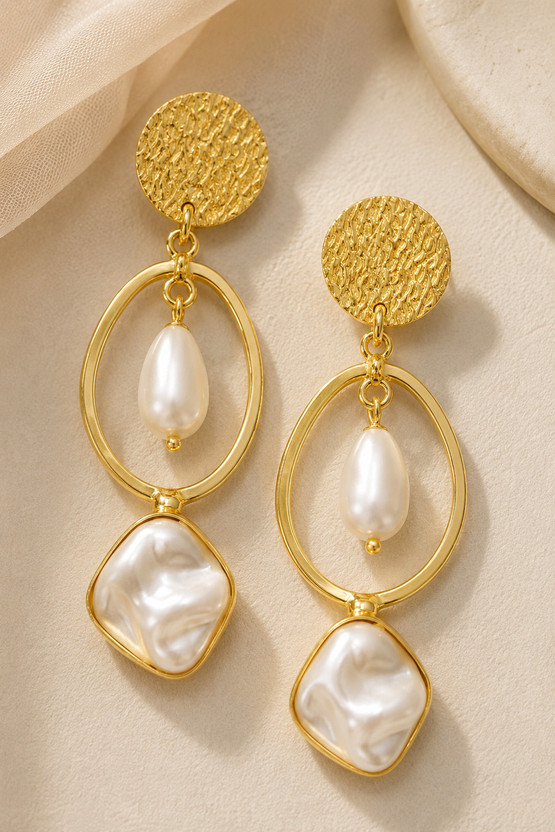 DASTOOR Gold Plated Geometric Pearl Drop Earrings Contemporary Statement Design Brass Jhumki Earring, Drops & Danglers