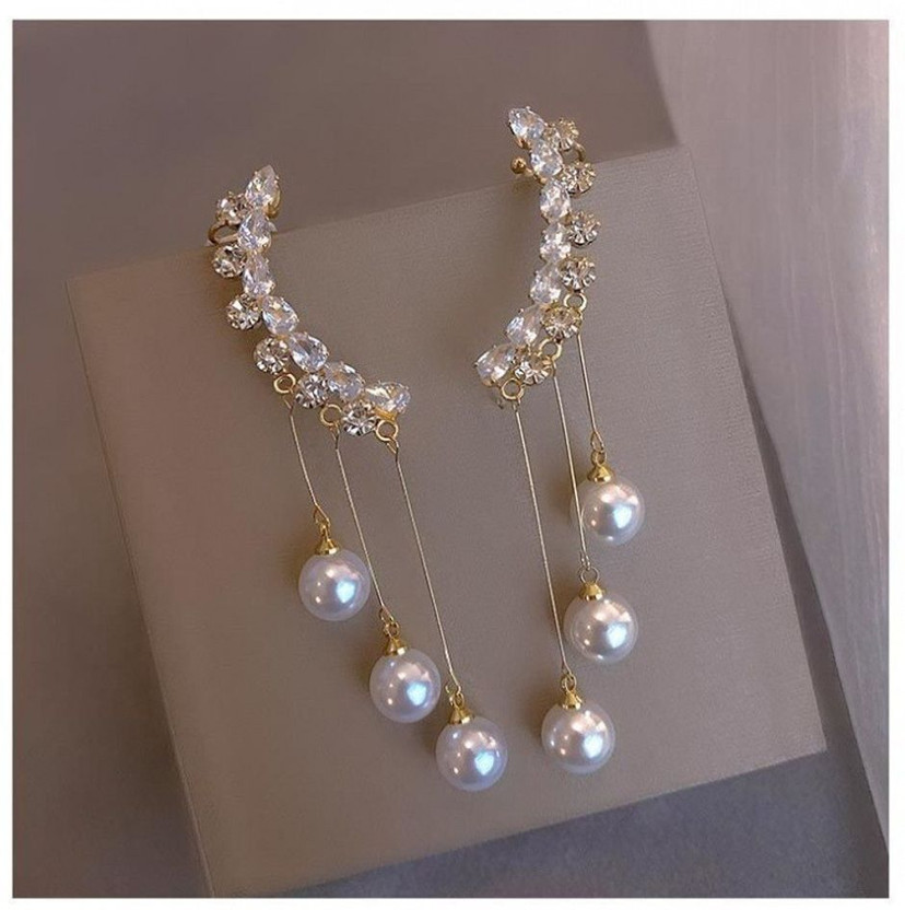 AVIRA ENTERPRISES Korean Gold-plated Zircon Studded Ear Cuff With Pearl Tassel Long Earrings Alloy Cuff Earring
