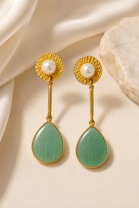 DASTOOR Gold Plated Turquoise Teardrop Dangle Earrings with Pearl Stud Accent Brass Jhumki Earring, Drops & Danglers