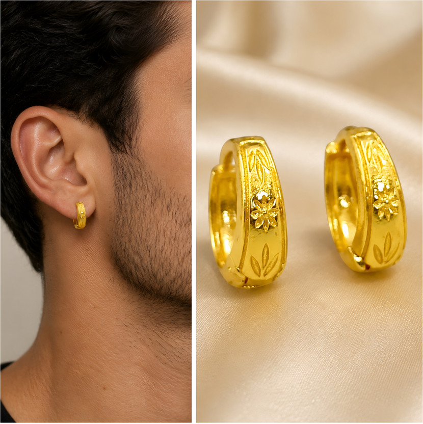 MA FASHION Men's Gold Plated Hoop Earrings for Boys | Korean Style Huggie Earrings Brass Hoop Earring