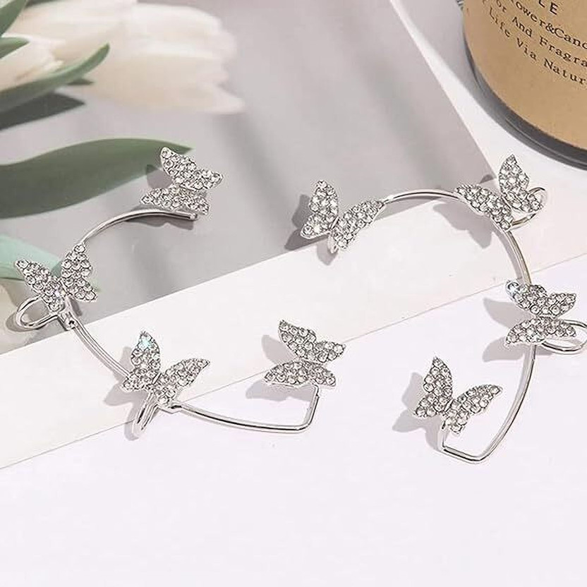 Miraclewood Trendy Stylish Korean Butterfly Ear Crawler Cuff Earrings For Women 2Pcs/Set Cubic Zirconia, Diamond Alloy Cuff Earring, Hoop Earring, Rhinestone Studs, Earring Set