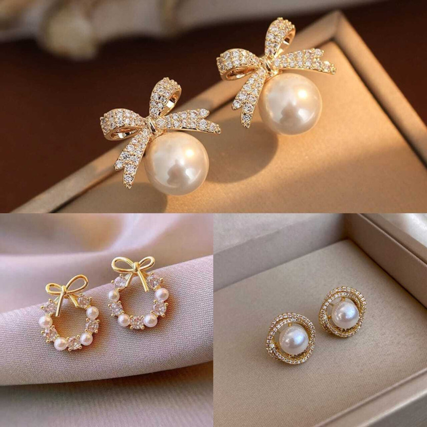 ARK ARK JEWEL Ark Jewel Combo Pack of 3 Korean Gold Plated Stud /Earring For Women & Girls Cubic Zirconia, Crystal, Pearl Alloy Cuff Earring, Drops & Danglers, Earring Set, Hoop Earring, Stud Earring, Rhinestone Studs - Flipkart Deal