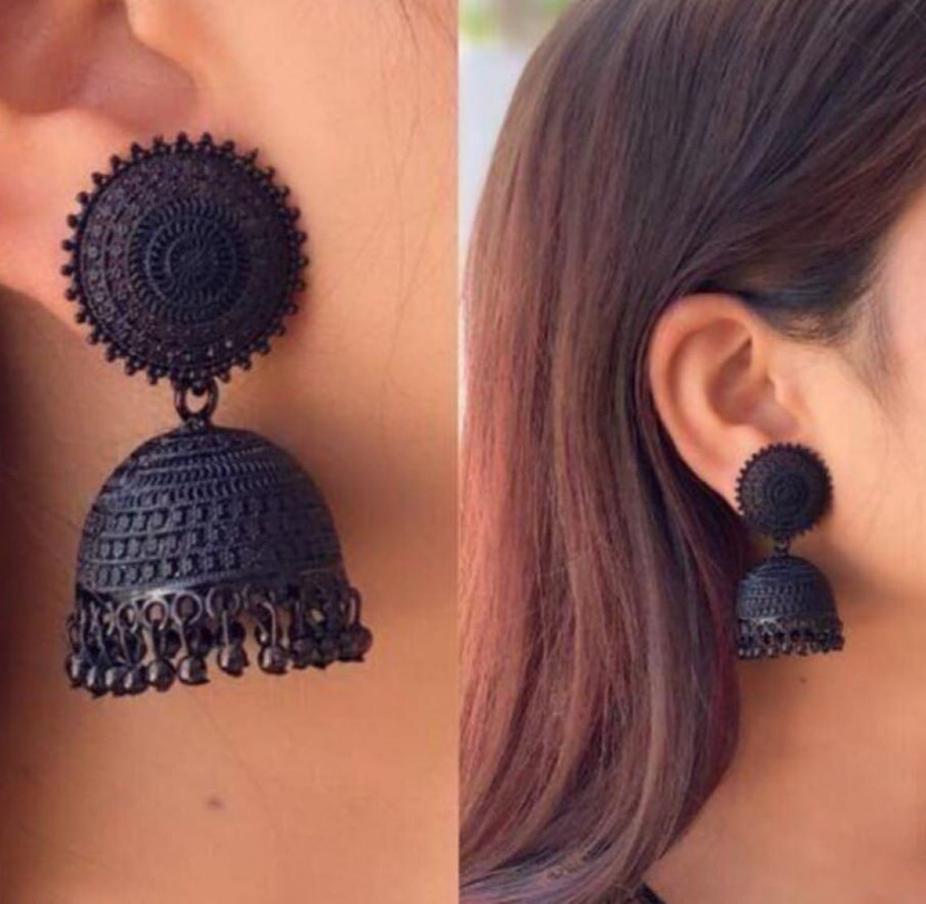 FLIKKER Stylish Beautiful Skin Friendly Jhumka Earring for Women & Girls (Black) Pearl Alloy Jhumki Earring