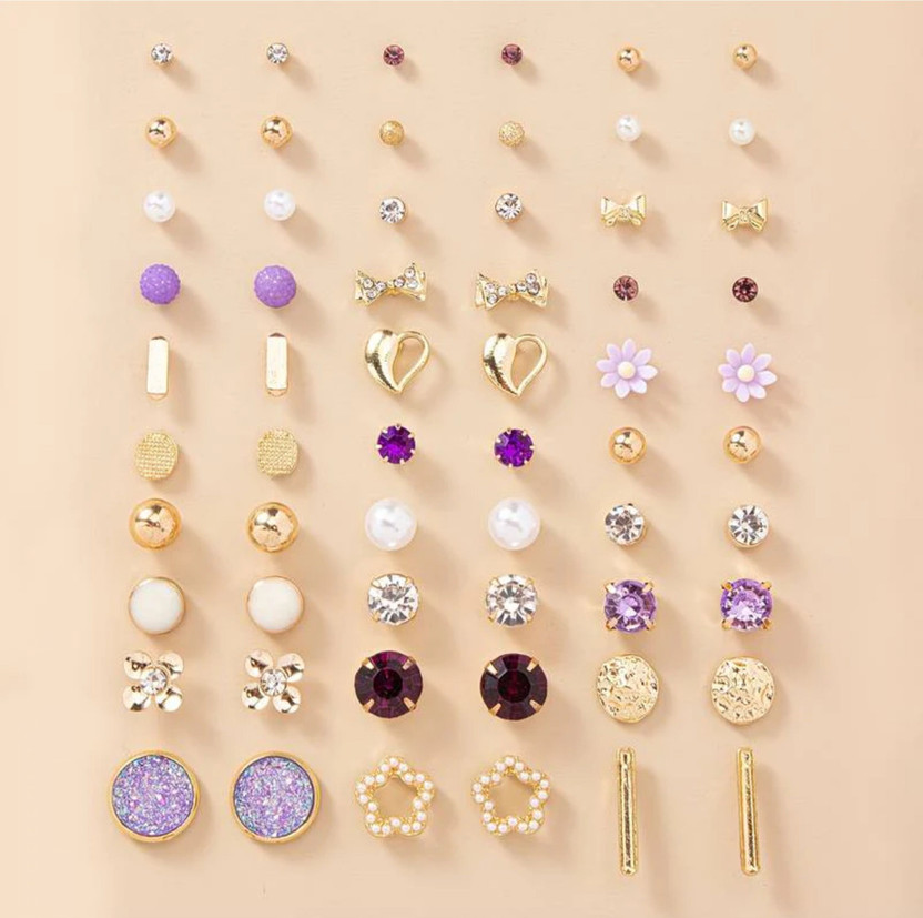 Vembley Gold Plated Multicolor Studs Combo Of 30 Crystal, Pearl, Beads Alloy Stud Earring