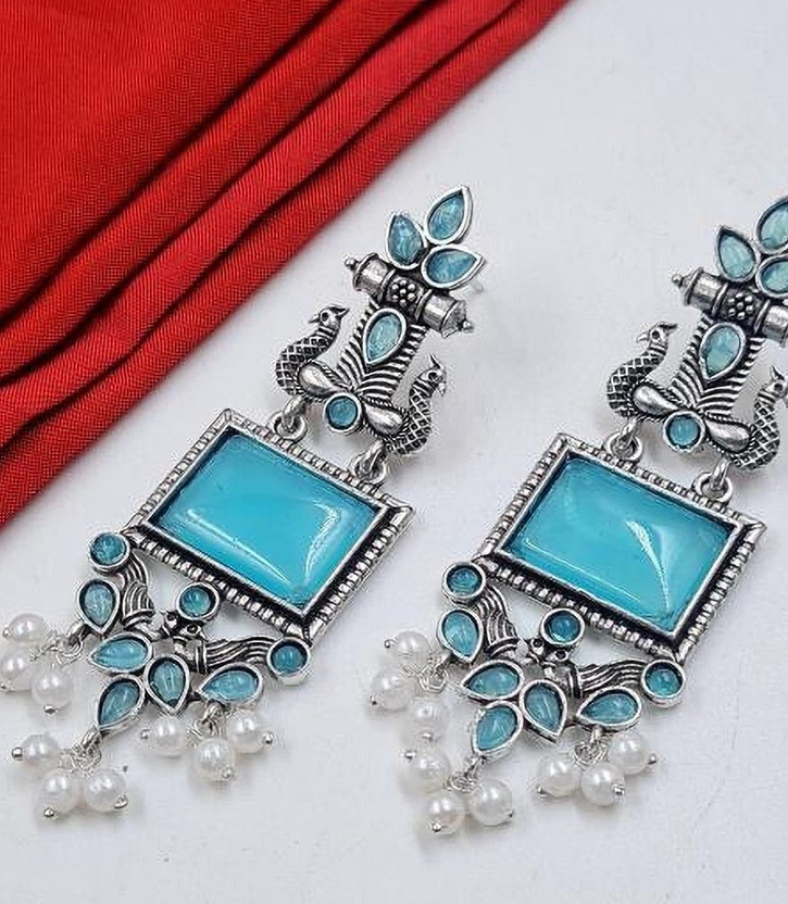 Qalaktiti Beautiful Unique Design Oxidised Silver Stone Earrings Alloy Drops & Danglers