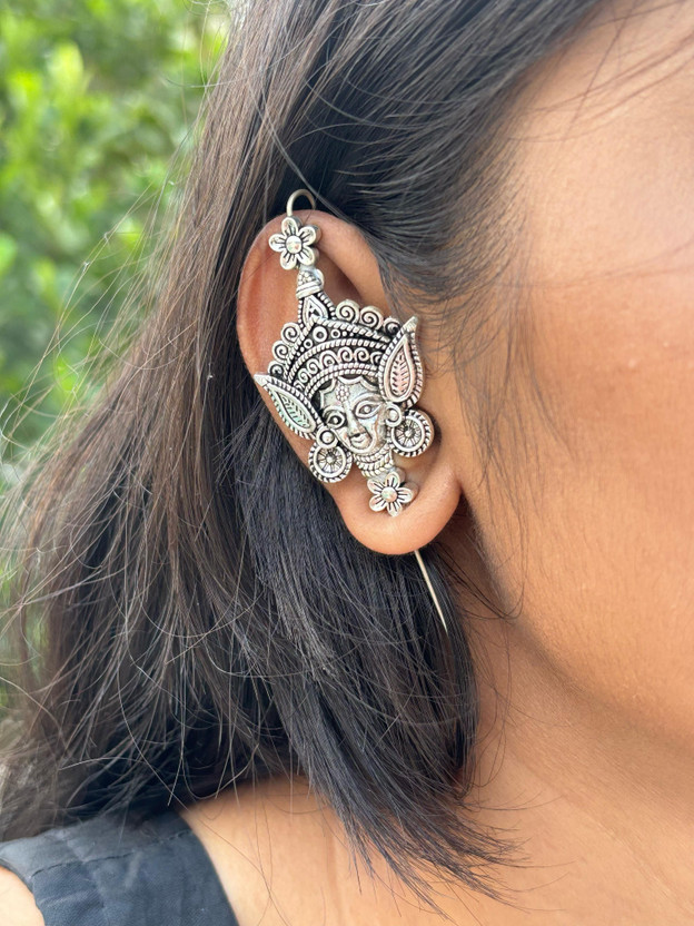 SUZEN Oxidised Silver Maa Durga Face Bugadi Ear Cuff For Girls & Women German Silver Cuff Earring