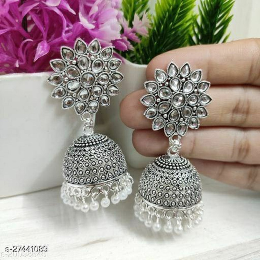 DECOLOGY Stylish Silver Sunflower Jhumkas For Girls and Women.(Black Color) Brass Jhumki Earring