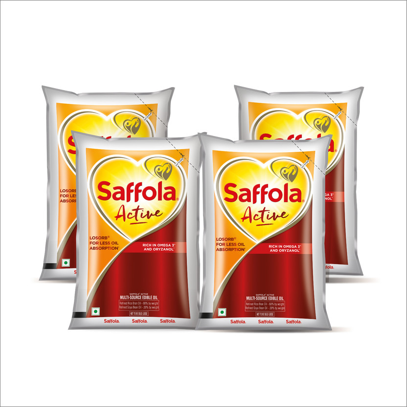 Saffola Active Rice Bran & Soyabean Refined Cooking Oil Rich in Omega 3 & Oryzanol Blended Oil Pouch(4 x 0.85 kg)