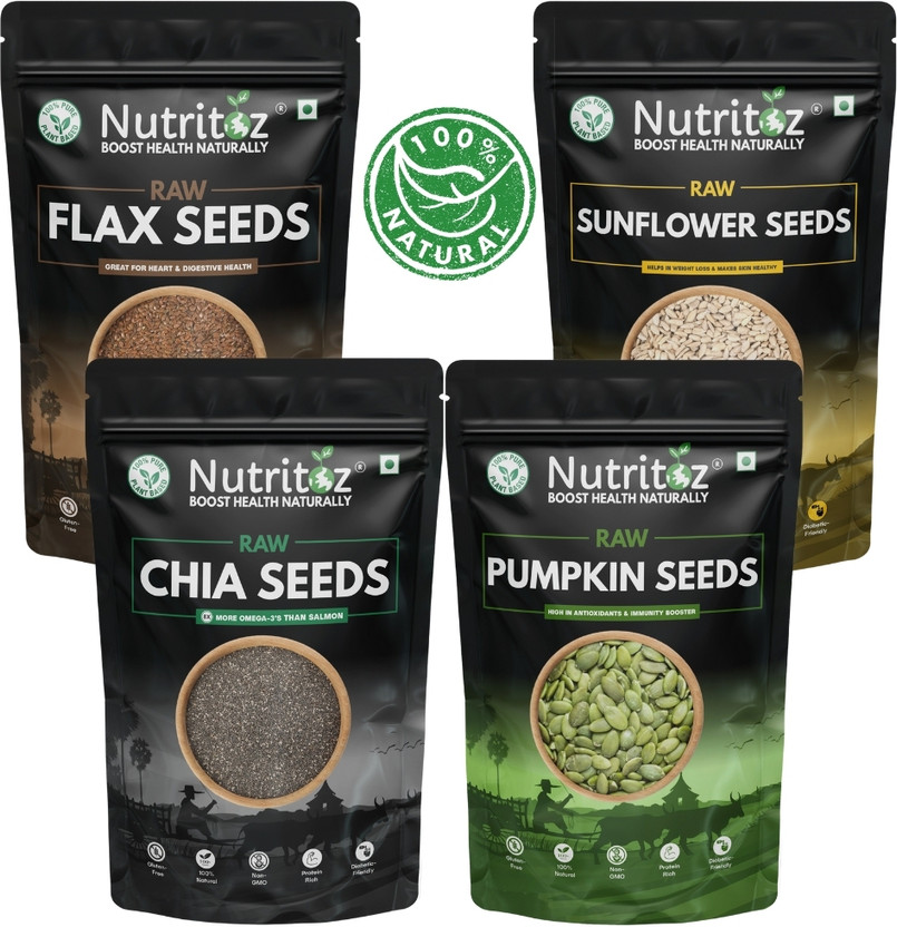 Nutritoz Raw Chia Seeds, Flax, Pumpkin & Sunflower Seeds Combo Pack | 100GM Pack of 4 | Chia Seeds, Brown Flax Seeds, Sunflower Seeds, Pumpkin Seeds(4 x 100 g)