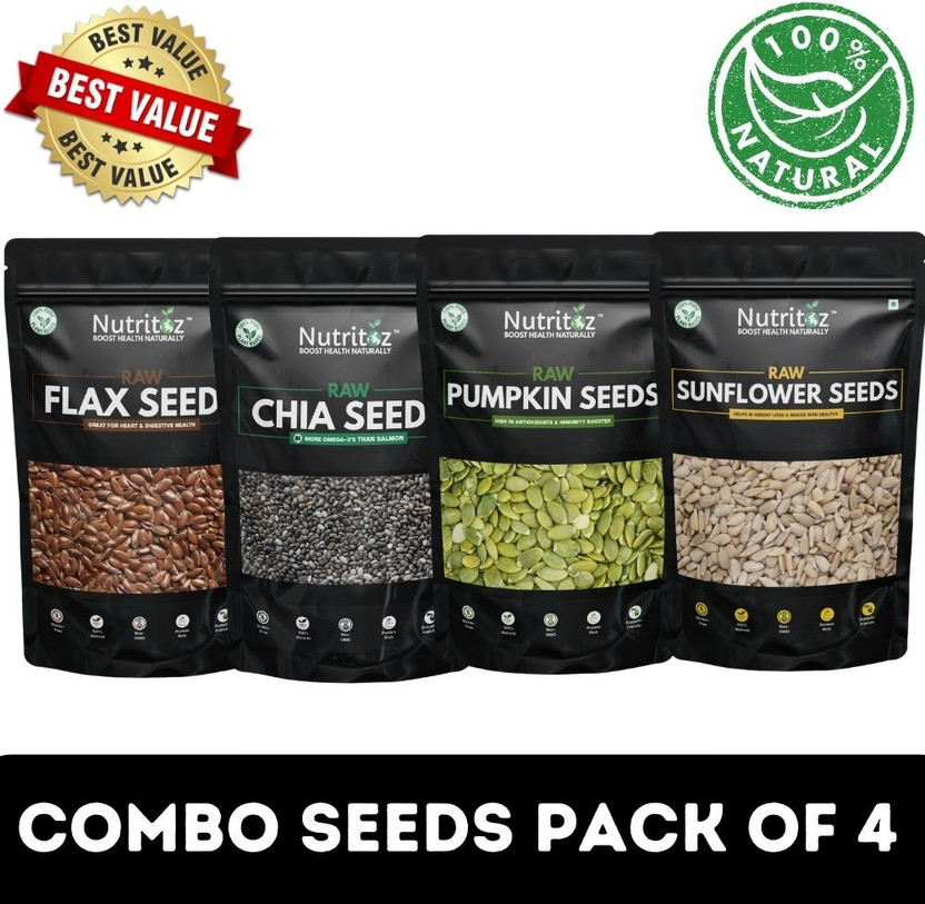 Nutritoz Raw Chia Seeds, Flax, Pumpkin & Sunflower Seeds Combo 50GM Pack of 4 Chia Seeds, Brown Flax Seeds, Pumpkin Seeds, Sunflower Seeds(4 x 50 g)