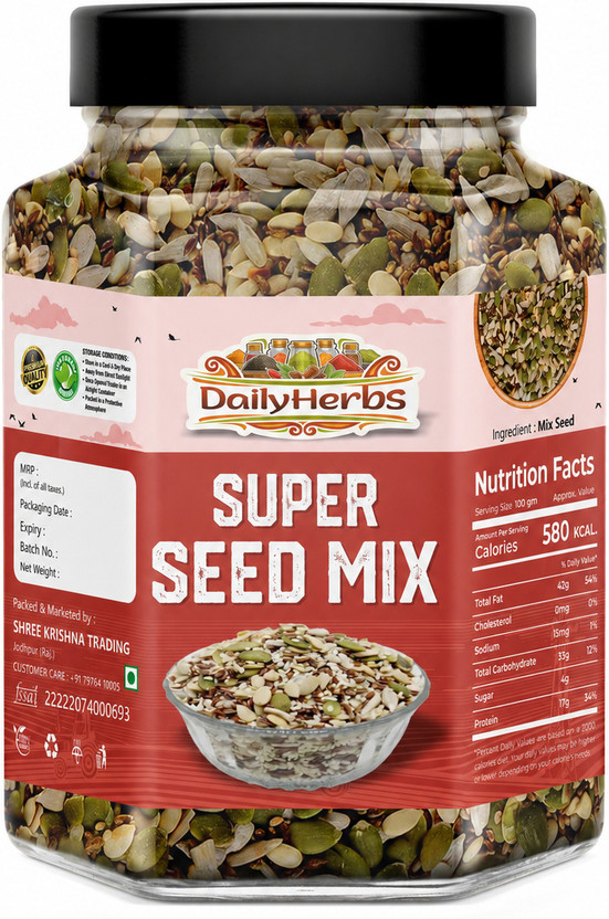 DAILYHERBS Premium 6 in 1 Roasted super seed mix Immunity Booster weight loss Healthy snack Chia Seeds, Pumpkin Seeds, Sunflower Seeds, Watermelon Seeds, Brown Flax Seeds, White Sesame Seeds(1 kg)