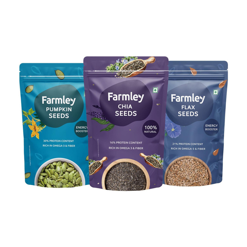 Farmley Farmley Premium Chia Seeds- 200g | Pumpkin Seeds- 200g | Flax Seeds- 200g Combo Of- Chia Seeds, Brown Flax Seeds, Pumpkin Seeds(3 x 200 g) - Flipkart Deal