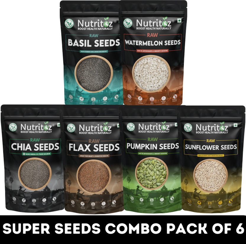 Nutritoz Raw Mix Super Seeds Combo Pack Of 6 for Weight Loss with Omega 3 (50G EACH) | Chia Seeds, Brown Flax Seeds, Pumpkin Seeds, Sunflower Seeds, Basil Seeds, Watermelon Seeds(6 x 50 g)