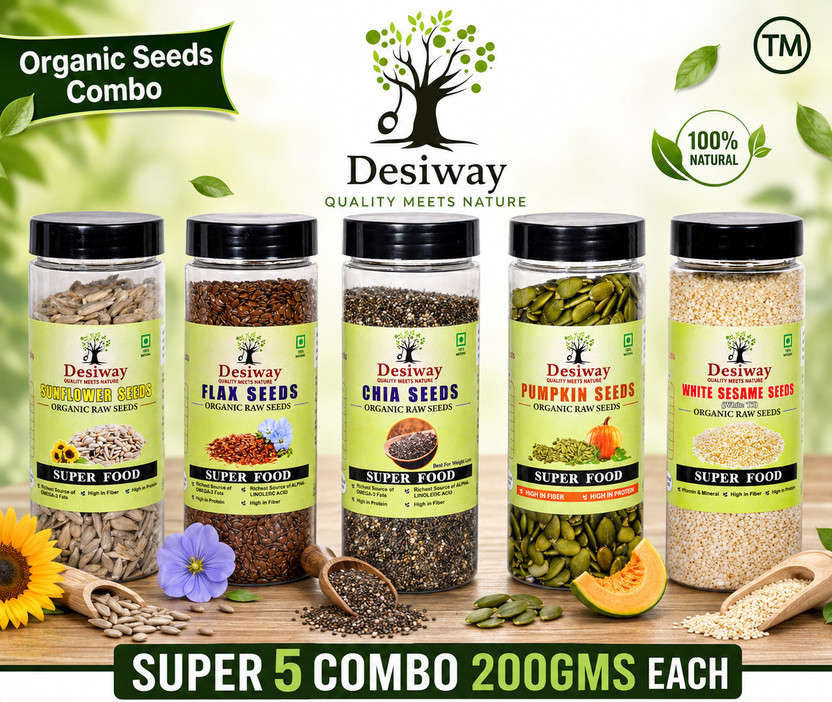 Desiway Organic combo Chia Seeds, Pumpkin Seeds, Brown Flax Seeds, Sunflower Seeds, White Sesame Seeds(5 x 200 g)