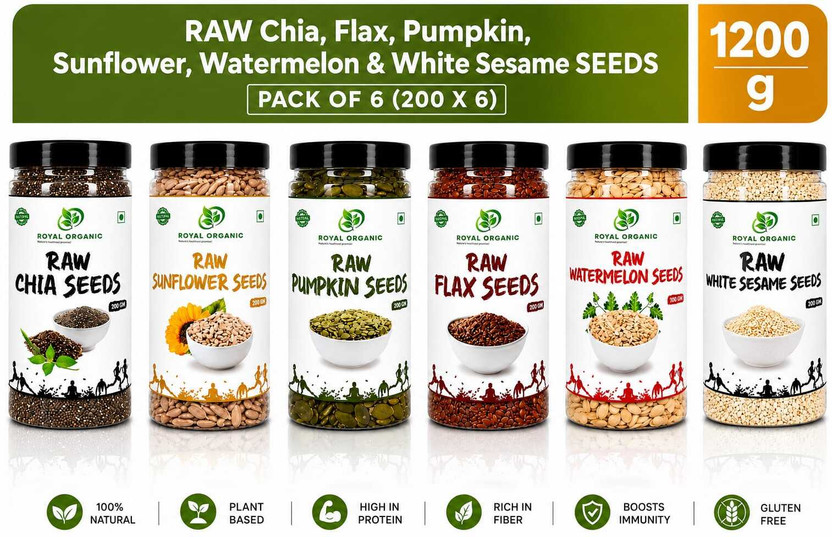 ROYAL ORGANIC Weight Loss Combo|High Protin omega 3 super seeds-edible Chia Seeds, Brown Flax Seeds, Pumpkin Seeds, Sunflower Seeds, Watermelon Seeds, White Sesame Seeds(6 x 200 g)