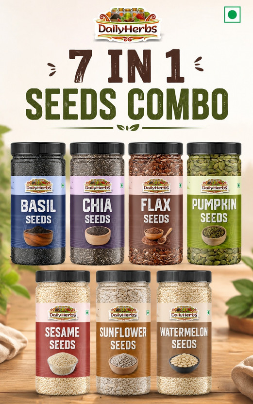 DAILYHERBS Raw Mix Super Seeds Combo Pack Of 7 for Weight Loss with Omega 3 (100G EACH) | Chia Seeds, Pumpkin Seeds, Sunflower Seeds, Brown Flax Seeds, Basil Seeds, Sesame Seeds, Watermelon Seeds(7 x 100 g)