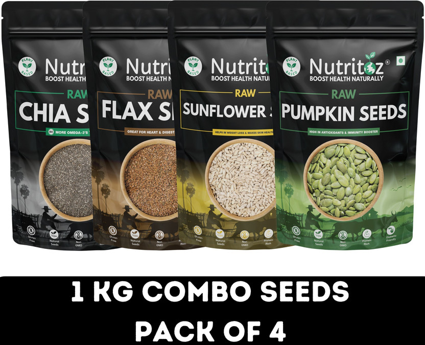 Nutritoz Premium Seeds 1 Kg, Edible & Mix Seeds Combo Pack Of 4 (Each 250g) Chia Seeds, Brown Flax Seeds, Pumpkin Seeds, Sunflower Seeds(4 x 250 g)