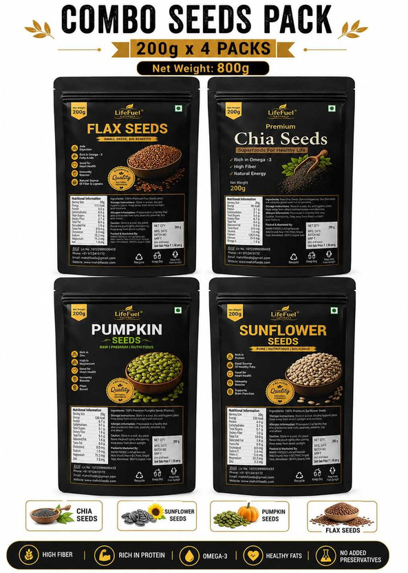 lifefuel naturals Raw Mix Super Seeds Combo Pack of 4 for Weight Loss with Omega-3 Chia Seeds, Pumpkin Seeds, Sunflower Seeds, Brown Flax Seeds(4 x 200 g)