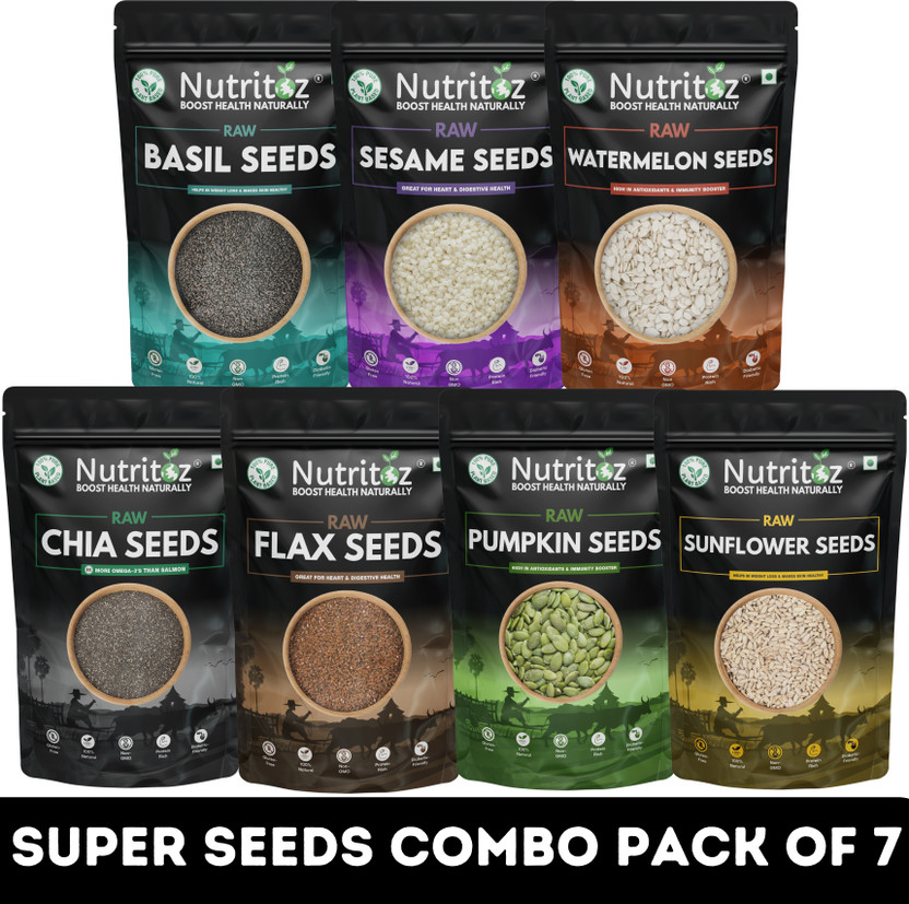 Nutritoz Raw Mix Super Seeds Combo Pack Of 7 for Weight Loss with Omega 3 (50G EACH) | Chia Seeds, Brown Flax Seeds, Pumpkin Seeds, Sunflower Seeds, Basil Seeds, Sesame Seeds, Watermelon Seeds(7 x 50 g)