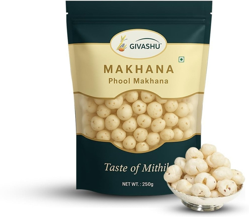 GIVASHU Authentic Mithila Phool Makhana | Natural Gluten Free Foxnuts Snack | Pack of 1 Phool Makhana(250 g)