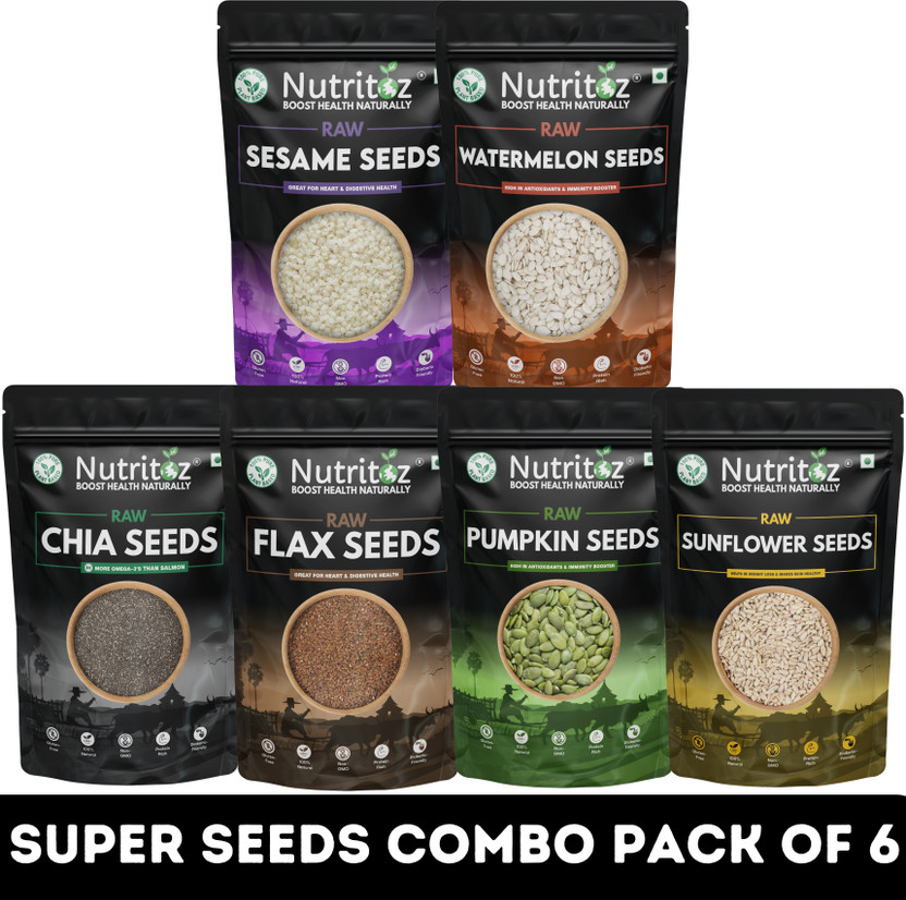Nutritoz Raw Seeds Combo Pack Of 6 (50G Each) for Weight Loss with Omega-3 & Fiber Rich Chia Seeds, Brown Flax Seeds, Pumpkin Seeds, Sunflower Seeds, Watermelon Seeds, Sesame Seeds(6 x 50 g)