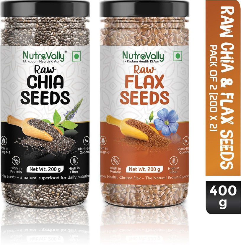 NutroVally Raw Chia Seeds, Flax Seeds Combo Loaded with Omega 3, Zinc, Fiber, Calcium Chia Seeds, Brown Flax Seeds(2 x 200 g)