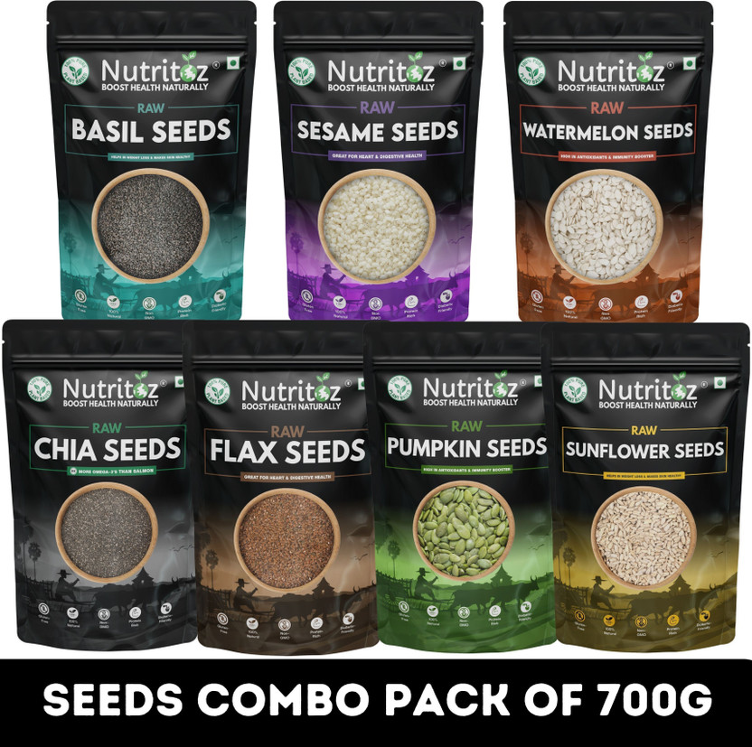 Nutritoz Raw Mix Super Seeds Combo Pack Of 7 for Weight Loss with Omega 3 (100G EACH) | Chia Seeds, Brown Flax Seeds, Pumpkin Seeds, Sunflower Seeds, Basil Seeds, Sesame Seeds, Watermelon Seeds(7 x 100 g)