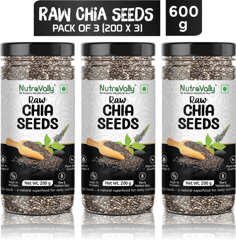NutroVally Raw Chia Seeds for Weight Loss Management with Omega 3 , Zinc and Fiber, Calcium Rich Seeds Chia Seeds(3 x 200 g)