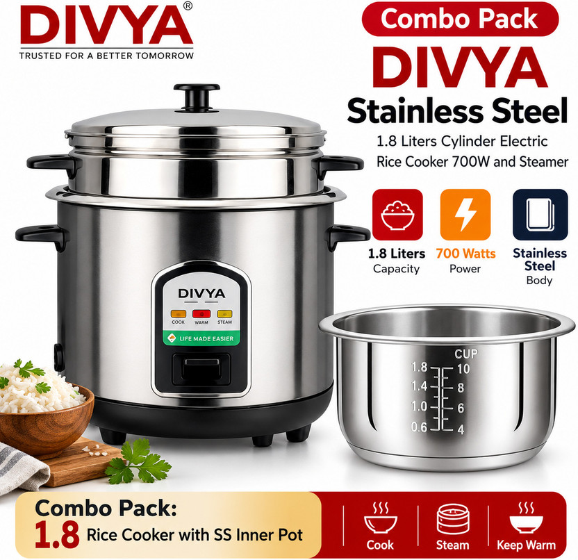 DIVYA 1.8 L Stainless Steel Rice Cooker + SS Inner Pot Combo Pack | High Quality Steel Electric Rice Cooker with Steaming Feature(1.8 L, Silver, Black, Pack of 2)