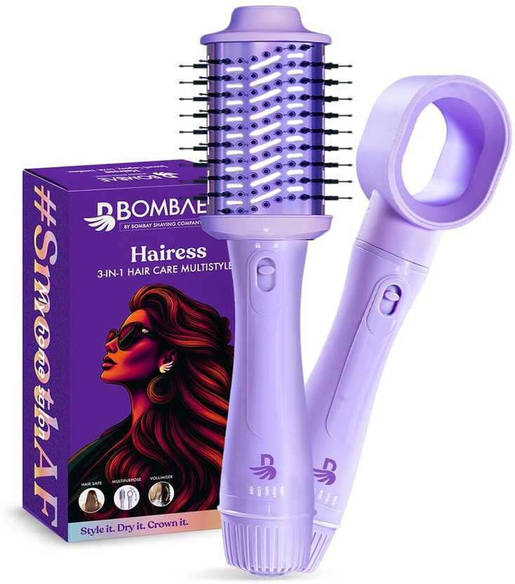 BOMBAE BOMBAE Hairess Volumizer and Dryer Hairess Ionic 3-In-1 Hot Air Brush Hair Dryer, Volumizer, & Straightener Hair Straightener Brush(Purple) - Flipkart Deal