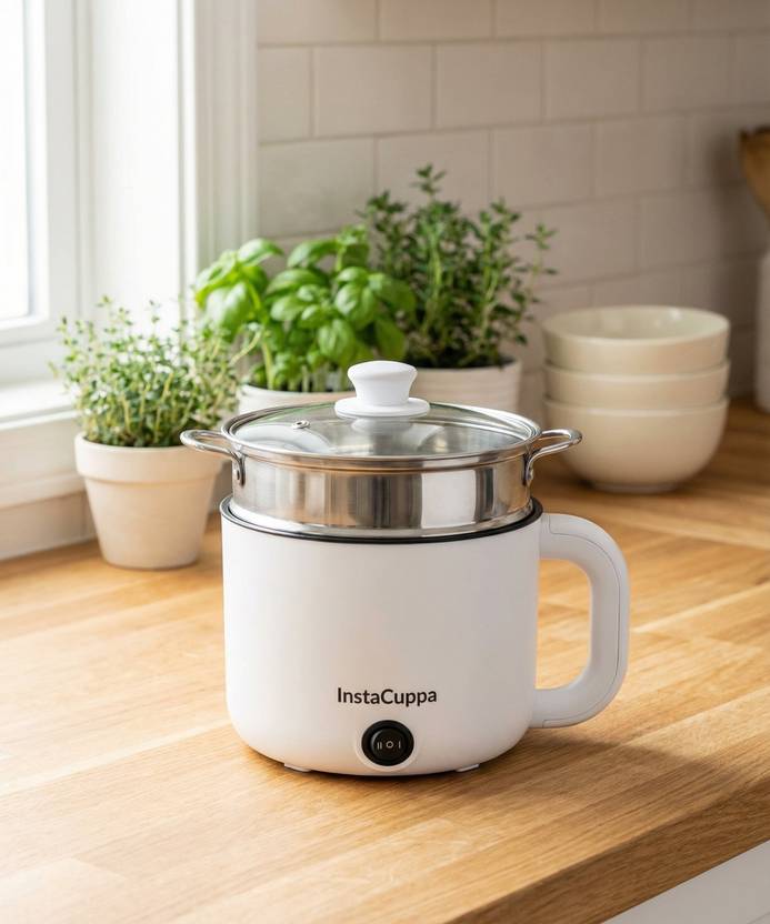 InstaCuppa 3-in-1 Cook Kettle WideMouth Pot, 2 Temp Settings -Busy Moms: Boil, Cook & Steam Multi Cooker Electric Kettle (1.2 L, White - Steel)